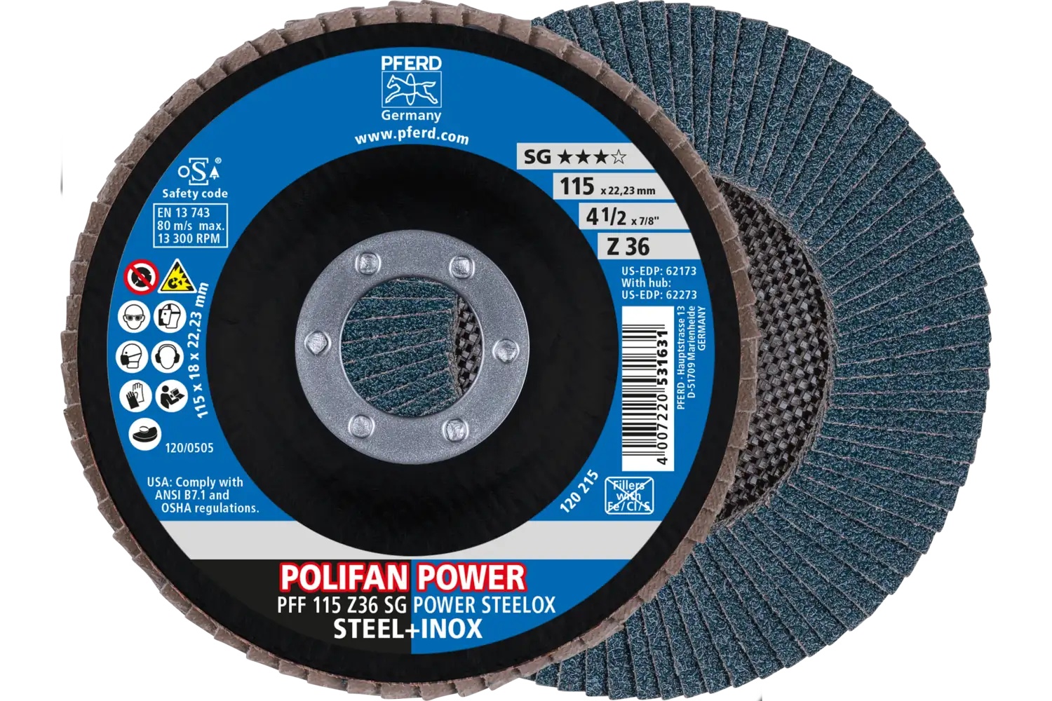 Picture of Pferd Flap Disc, 4-1/2" x 7/8, Z SG Power Steelox, 36 Grit, T27, Flat, Zirconia